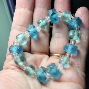 Beachy distressed glass bead stretch bracelet in sea blue and green